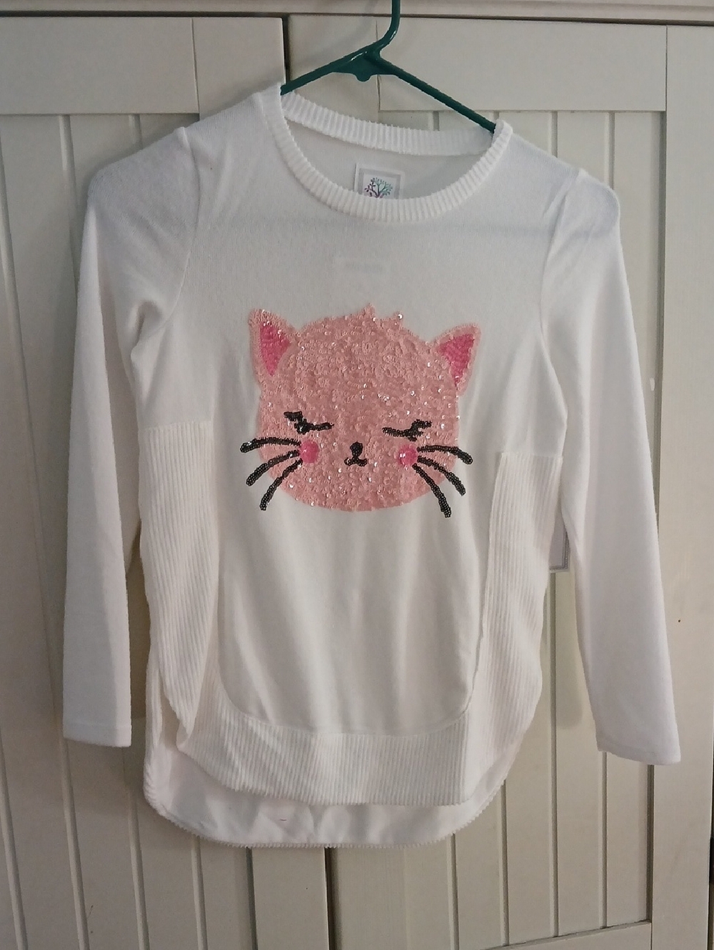 Girls White Long-Sleeve Top with Pink Sequin Cat